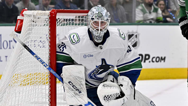 Apr 8, 2025; Dallas, Texas, USA; Vancouver Canucks goaltender Thatcher Demko (35) faces the Dallas Stars attack during the second period at the American Airlines Center. Mandatory Credit: Jerome Miron-Imagn Images