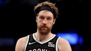 Apr 10, 2025; Brooklyn, New York, USA; Brooklyn Nets forward Drew Timme (26) reacts during the third quarter against the Atlanta Hawks at Barclays Center. Mandatory Credit: Brad Penner-Imagn Images