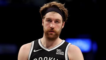 Apr 10, 2025; Brooklyn, New York, USA; Brooklyn Nets forward Drew Timme (26) reacts during the third quarter against the Atlanta Hawks at Barclays Center. Mandatory Credit: Brad Penner-Imagn Images