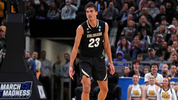 Colorado Buffaloes forward Tristan da Silva (23) reacts after scoring during NCAA Men’s Basketball Tournament game against the Marquette Golden Eagles, Sunday, March 24, 2024, at Gainbridge Fieldhouse in Indianapolis. Marquette Golden Eagles won 81-77.