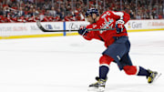 Mar 7, 2025; Washington, District of Columbia, USA; Washington Capitals left wing Alex Ovechkin (8) shoots the puck against the Detroit Red Wings in the third period at Capital One Arena. Mandatory Credit: Geoff Burke-Imagn Images