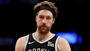 Apr 10, 2025; Brooklyn, New York, USA; Brooklyn Nets forward Drew Timme (26) reacts during the third quarter against the Atlanta Hawks at Barclays Center. Mandatory Credit: Brad Penner-Imagn Images
