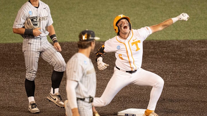 Tennessee's Gavin Kilen (6) celebrates after hitting a double at the NCAA college baseball Knoxville Regional final against Wake Forest on June 2, 2025, in Knoxville, Tenn.