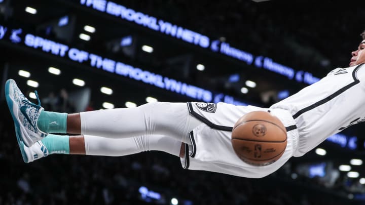 Mar 19, 2024; Brooklyn, New York, USA;  Brooklyn Nets forward Cameron Johnson (2) dunks in the fourth quarter against the New Orleans Pelicans at Barclays Center. Mandatory Credit: Wendell Cruz-USA TODAY Sports