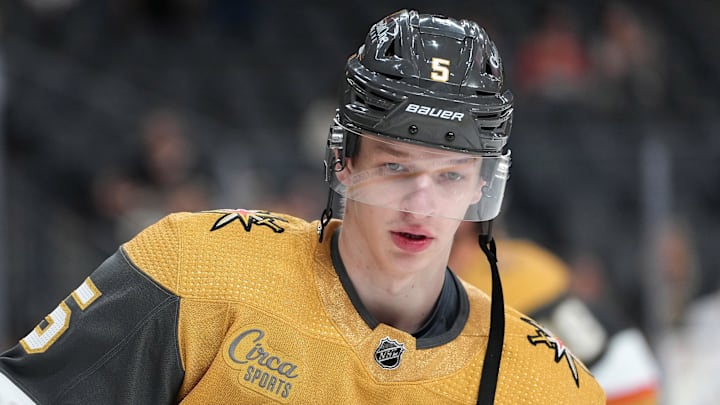 Sep 30, 2022; Las Vegas, Nevada, USA; Vegas Golden Knights defenseman Daniil Chayka (5) warms up before taking on the San Jose Sharks in a preseason game at T-Mobile Arena. Mandatory Credit: Stephen R. Sylvanie-Imagn Images