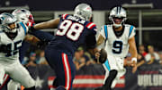 Aug 19, 2022; Foxborough, Massachusetts, USA; Carolina Panthers quarterback Matt Corral (9) runs the ball against the New England Patriots in the first half at Gillette Stadium. Mandatory Credit: David Butler II-Imagn Images
