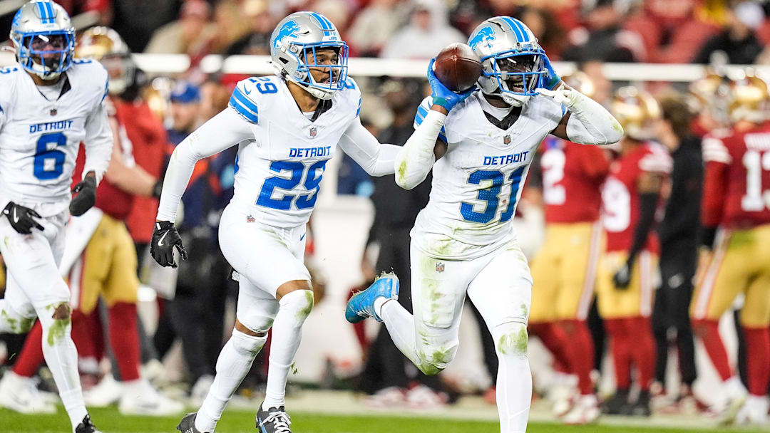 Detroit Lions safety Kerby Joseph (31) celebrates an interception (his second of the game) against San Francisco 49ers during the second half at Levi's Stadium in Santa Clara, Calif. on Monday, Dec. 30, 2024.