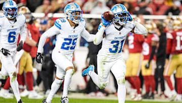 Detroit Lions safety Kerby Joseph (31) celebrates an interception (his second of the game) against San Francisco 49ers during the second half at Levi's Stadium in Santa Clara, Calif. on Monday, Dec. 30, 2024.