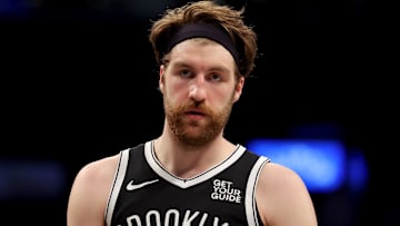 Apr 10, 2025; Brooklyn, New York, USA; Brooklyn Nets forward Drew Timme (26) reacts during the third quarter against the Atlanta Hawks at Barclays Center. Mandatory Credit: Brad Penner-Imagn Images