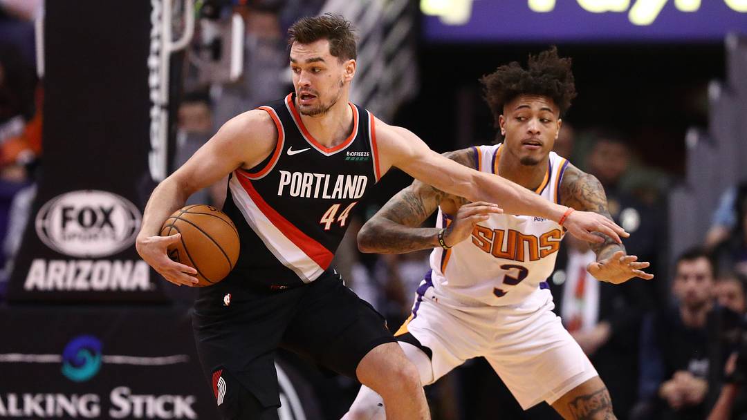 Dec 16, 2019; Phoenix, AZ, USA; Portland Trail Blazers forward Mario Hezonja (44) against Phoenix Suns forward Kelly Oubre Jr. (3) at Talking Stick Resort Arena. Mandatory Credit: Mark J. Rebilas-USA TODAY Sports