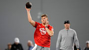 Ohio State Buckeyes quarterback Will Howard throws during the pro day for NFL scouts at the Woody Hayes Athletic Cente on March 26, 2025.