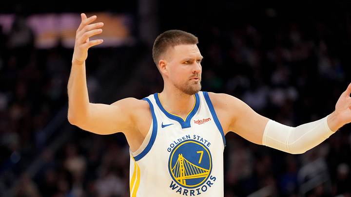Mar 13, 2026; San Francisco, California, USA; Golden State Warriors forward Kristaps Porzingis (7) reacts after being fouled against the Minnesota Timberwolves in the fourth quarter at the Chase Center. Mandatory Credit: Cary Edmondson-Imagn Images