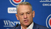 Jan 12, 2024; Chicago, IL, USA; Chicago Cubs president of baseball operations Jed Hoyer talks to the media after introducing pitcher Shota Imanaga (not pictured) during a press conference at Loews Chicago Hotel. Mandatory Credit: Kamil Krzaczynski-Imagn Images