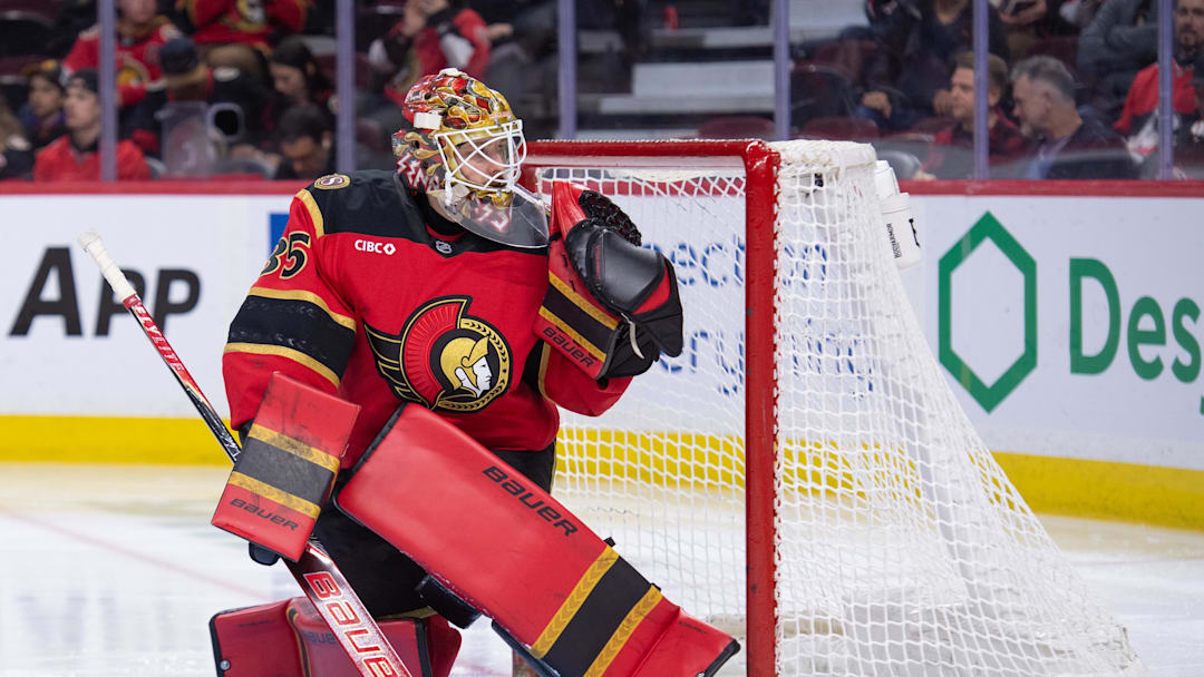 Apr 9, 2026; Ottawa, Ontario, CAN; Ottawa Senators goalie Linus Ullmark (35) warms up prior to the start of the second period against the Florida Panthers at the Canadian Tire Centre. Mandatory Credit: Marc DesRosiers-IMAGN Images