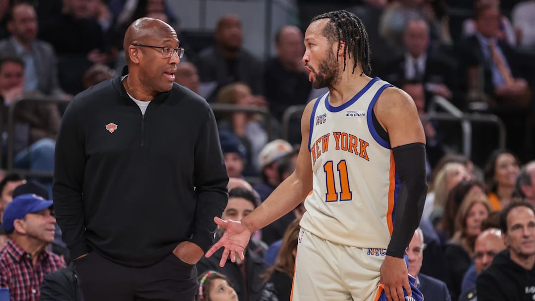 Dec 7, 2025; New York, New York, USA;  New York Knicks head coach Mike Brown talks wth guard Jalen Brunson (11) in the fourth quarter  against the Orlando Magic at Madison Square Garden. Mandatory Credit: Wendell Cruz-Imagn Images
