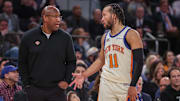 Dec 7, 2025; New York, New York, USA;  New York Knicks head coach Mike Brown talks wth guard Jalen Brunson (11) in the fourth quarter  against the Orlando Magic at Madison Square Garden. Mandatory Credit: Wendell Cruz-Imagn Images