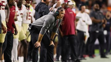 Oct 26, 2024; Miami Gardens, Florida, USA; Florida State Seminoles head coach Mike Norvell watches from the sideline against the Miami Hurricanes during the second quarter at Hard Rock Stadium. Mandatory Credit: Sam Navarro-Imagn Images