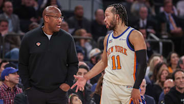 Dec 7, 2025; New York, New York, USA;  New York Knicks head coach Mike Brown talks wth guard Jalen Brunson (11) in the fourth quarter  against the Orlando Magic at Madison Square Garden. Mandatory Credit: Wendell Cruz-Imagn Images