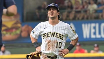 Jul 13, 2025; Milwaukee, Wisconsin, USA;  Milwaukee Brewers right fielder Sal Frelick (10) reacts after suffering an injury in the third inning against the Washington Nationals at American Family Field. Mandatory Credit: Benny Sieu-Imagn Images