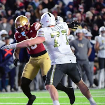 Nov 15, 2025; Chestnut Hill, Massachusetts, USA; Georgia Tech Yellow Jackets quarterback Haynes King (10) looks to pass the ball during the first half against the Boston College Eagles at Alumni Stadium. Mandatory Credit: Bob DeChiara-Imagn Images