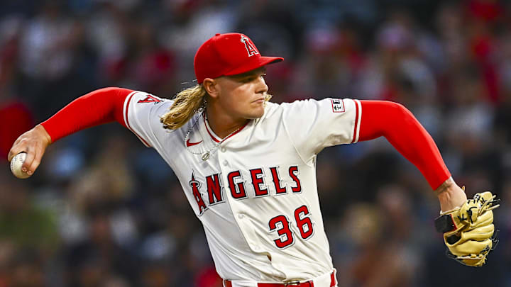 Sep 27, 2025; Anaheim, California, USA; Los Angeles Angels starting pitcher Caden Dana (36) throws a pitch against the Houston Astros during the first inning at Angel Stadium. Mandatory Credit: Jonathan Hui-Imagn Images