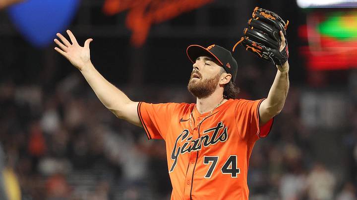 Sep 26, 2025; San Francisco, California, USA; San Francisco Giants relief pitcher Ryan Walker (74) reacts after the game against the Colorado Rockies at Oracle Park. Mandatory Credit: Kelley L Cox-Imagn Images