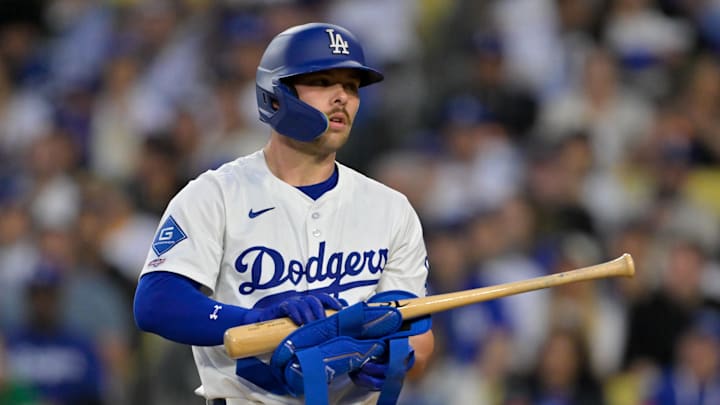 May 15, 2025; Los Angeles, California, USA; Los Angeles Dodgers catcher Dalton Rushing (68) walks in his first major league at bat during the second inning of the game against the Athletics at Dodger Stadium. Mandatory Credit: Jayne Kamin-Oncea-Imagn Images