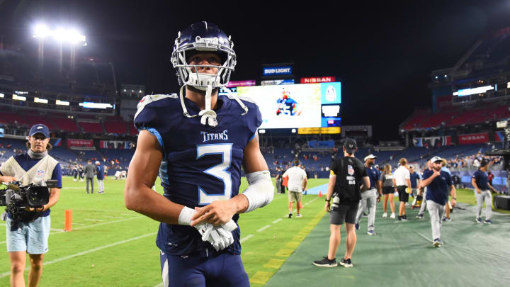 Aug 28, 2021; Nashville, TN, USA; Tennessee Titans corner back Caleb Farley (3) leaves the field after a loss to the Chicago Bears at Nissan Stadium. Mandatory Credit: Christopher Hanewinckel-USA TODAY Sports