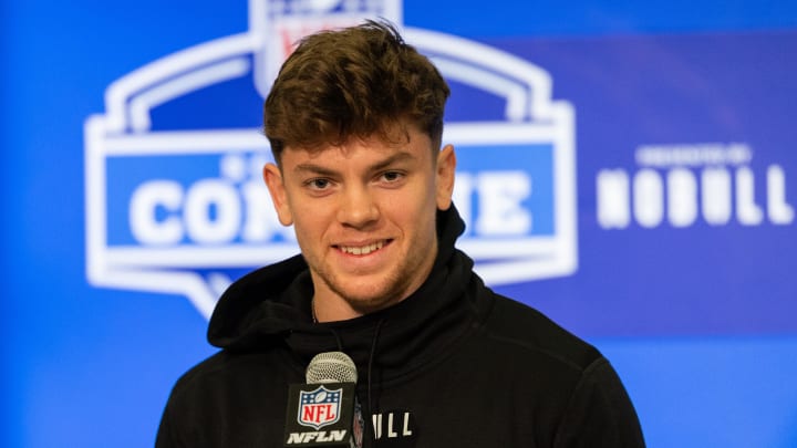 Feb 29, 2024; Indianapolis, IN, USA; Iowa defensive back Cooper Dejean (DB06) talks to the media during the 2024 NFL Combine at Lucas Oil Stadium.  