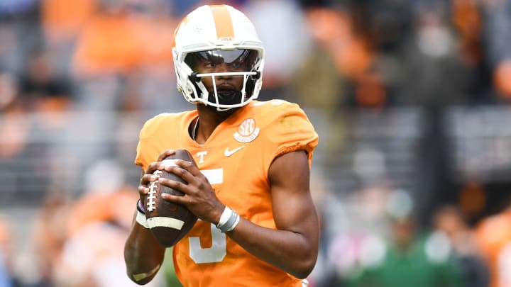 Tennessee quarterback Hendon Hooker looks for an open receiver against Missouri on Nov. 12, 2022 in Knoxville, Tenn.

Syndication The Knoxville News Sentinel