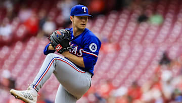 Apr 2, 2025; Cincinnati, Ohio, USA; Texas Rangers starting pitcher Jack Leiter (35) pitches in the second inning against the Cincinnati Reds at Great American Ball Park.