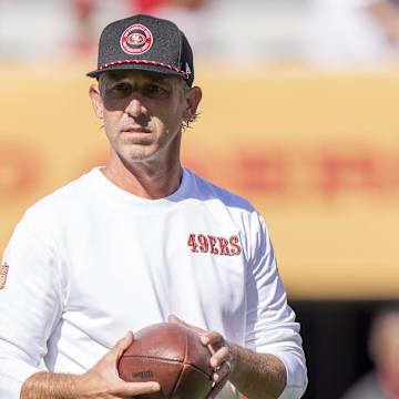 August 18, 2024; Santa Clara, California, USA; San Francisco 49ers head coach Kyle Shanahan watches warm ups before the game against the New Orleans Saints at Levi's Stadium. Mandatory Credit: Kyle Terada-Imagn Images