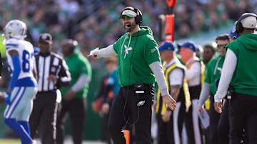Dec 29, 2024; Philadelphia, Pennsylvania, USA; Philadelphia Eagles head coach Nick Sirianni reacts to a play against the Dallas Cowboys during the first quarter at Lincoln Financial Field. Mandatory Credit: Bill Streicher-Imagn Images