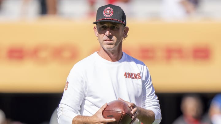 August 18, 2024; Santa Clara, California, USA; San Francisco 49ers head coach Kyle Shanahan watches warm ups before the game against the New Orleans Saints at Levi's Stadium. Mandatory Credit: Kyle Terada-USA TODAY Sports