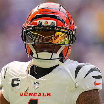 Sep 21, 2025; Minneapolis, Minnesota, USA; Cincinnati Bengals wide receiver Ja'Marr Chase (1) warms up prior to a game against the Minnesota Vikings at U.S. Bank Stadium. Mandatory Credit: Brad Rempel-Imagn Images