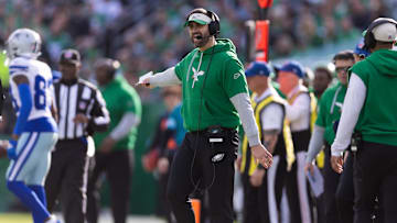 Dec 29, 2024; Philadelphia, Pennsylvania, USA; Philadelphia Eagles head coach Nick Sirianni reacts to a play against the Dallas Cowboys during the first quarter at Lincoln Financial Field.