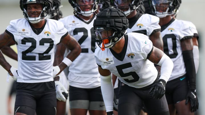 Jul 26, 2024; Jacksonville, FL, USA; Jacksonville Jaguars safety Andre Cisco (5) participates in training camp at Miller Electric Center. Mandatory Credit: Nathan Ray Seebeck-USA TODAY Sports