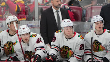 Feb 1, 2025; Sunrise, Florida, USA;  Chicago Blackhawks head coach Anders Sorensen looks on during in the third period against the Florida Panthers at Amerant Bank Arena. Mandatory Credit: Jim Rassol-Imagn Images