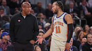 Dec 7, 2025; New York, New York, USA;  New York Knicks head coach Mike Brown talks wth guard Jalen Brunson (11) in the fourth quarter  against the Orlando Magic at Madison Square Garden. Mandatory Credit: Wendell Cruz-Imagn Images
