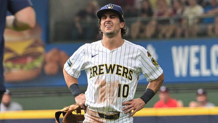 Jul 13, 2025; Milwaukee, Wisconsin, USA;  Milwaukee Brewers right fielder Sal Frelick (10) reacts after suffering an injury in the third inning against the Washington Nationals at American Family Field. Mandatory Credit: Benny Sieu-Imagn Images