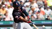 Sep 18, 2025; Detroit, Michigan, USA;  Cleveland Guardians outfielder Jhonkensy Noel (43) hits a single in the second inning against the Detroit Tigers at Comerica Park. Mandatory Credit: Rick Osentoski-Imagn Images
