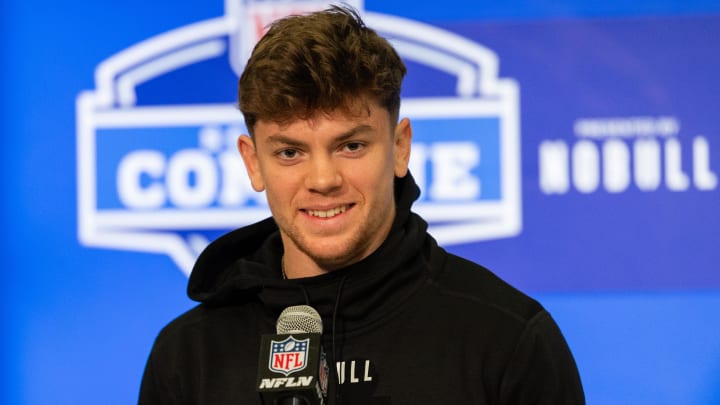 Iowa defensive back Cooper Dejean talks to the media during the 2024 NFL combine at Lucas Oil Stadium. 