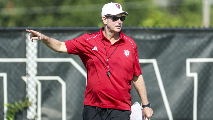 Indiana football coach Curt Cignetti instructs his team during fall camp on Aug. 6.