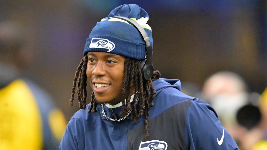 Nov 16, 2025; Inglewood, California, USA; Seattle Seahawks wide receiver Rashid Shaheed (22) warms up prior to the game against the Los Angeles Rams at SoFi Stadium. Mandatory Credit: Jayne Kamin-Oncea-Imagn Images