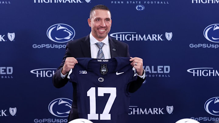 Dec 8, 2025; University Park, PA, USA; Matt Campbell poses for a photo after being announced as the Penn State Nittany Lions new head coach during a press conference at the Beaver Stadium Press Room. Mandatory Credit: Matthew O'Haren-Imagn Images