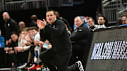 Mar 21, 2025; Milwaukee, WI, USA: Xavier Musketeers head coach Sean Miller watches play downcourt during the first half against the Illinois Fighting Illini at Fiserv Forum. Mandatory Credit: Benny Sieu-Imagn Images