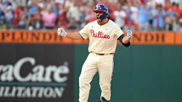Sep 15, 2024; Philadelphia, Pennsylvania, USA; Philadelphia Phillies second base Buddy Kennedy (19) celebrates his Rbi double during the eighth inning against the New York Mets at Citizens Bank Park. Mandatory Credit: Eric Hartline-Imagn Images