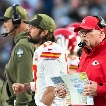 Nov 2, 2025; Orchard Park, New York, USA; Kansas City Chiefs head coach Andy Reid looks on in the second quarter against the Buffalo Bills at Highmark Stadium. Mandatory Credit: Mark Konezny-Imagn Images