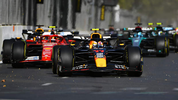 Red Bull's Sergio Perez leads a group of cars at the Azerbaijan Grand Prix.