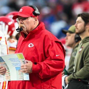 Nov 2, 2025; Orchard Park, New York, USA; Kansas City Chiefs head coach Andy Reid looks on in the second quarter against the Buffalo Bills at Highmark Stadium. Mandatory Credit: Mark Konezny-Imagn Images